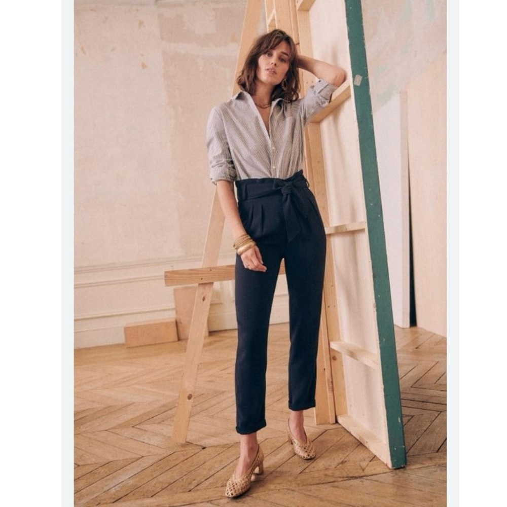 Sezane Austin Drapey Paperbag High Waisted Trousers Sz -2 Preppy Work Academia